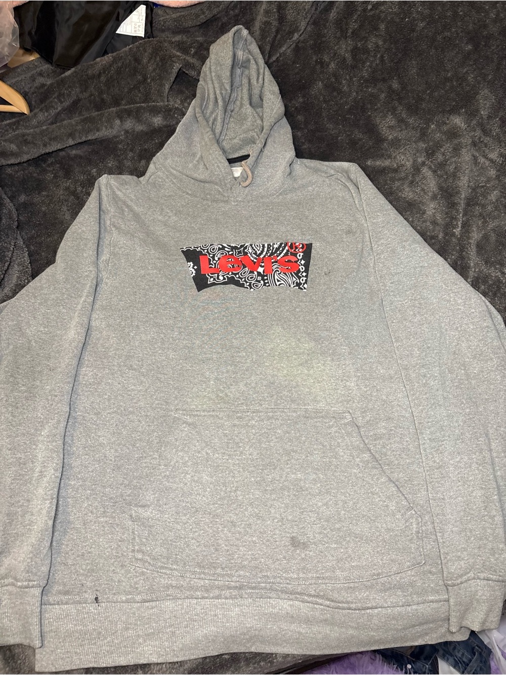 Levi's Gray Hooded Zip-Up Sweatshirt with Red Logo Panel